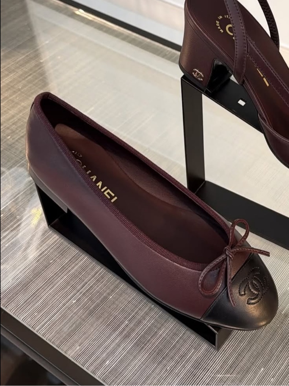 CHANEL Two-Tone Burgundy and Black Cap-Toe Ballet Flats